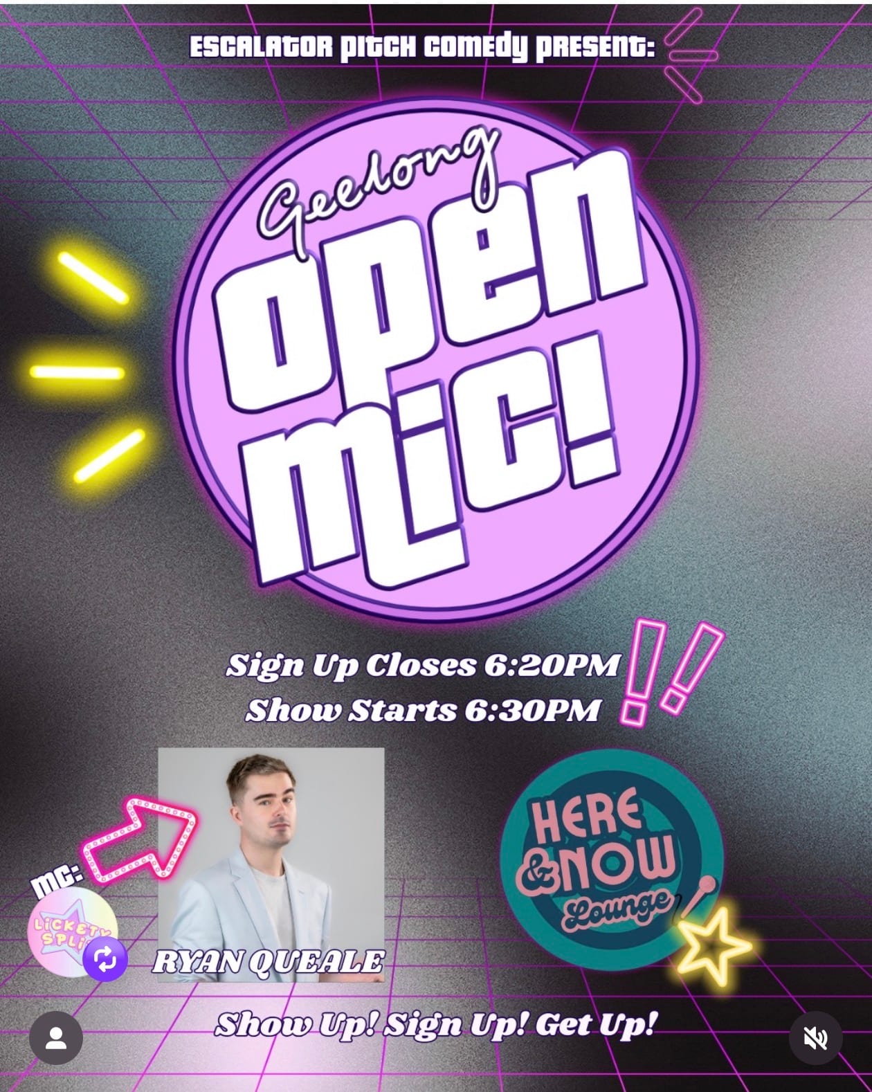 Open mic comedy night graphic for Here & Now Lounge
