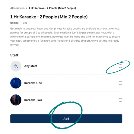 Square's staff list showing Any staff, Karaoke One and Karaoke Two. Any staff and the Add button are circled.