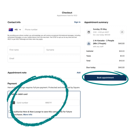 Square's checkout with contact and card fields, and the Book appointment button circled.