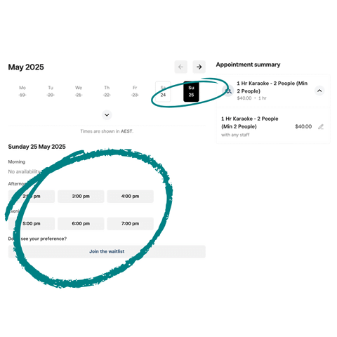 Square's calendar with a date selected and the afternoon and evening time slots circled, alongside a Join the waitlist button.