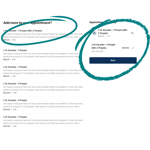 Square's service list showing "1 Hr Karaoke" options for 2 to 7 people. The appointment summary and the Next button are circled.